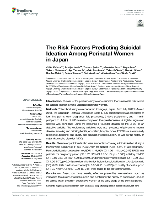 (PDF) The Risk Factors Predicting Suicidal Ideation Among Perinatal ...