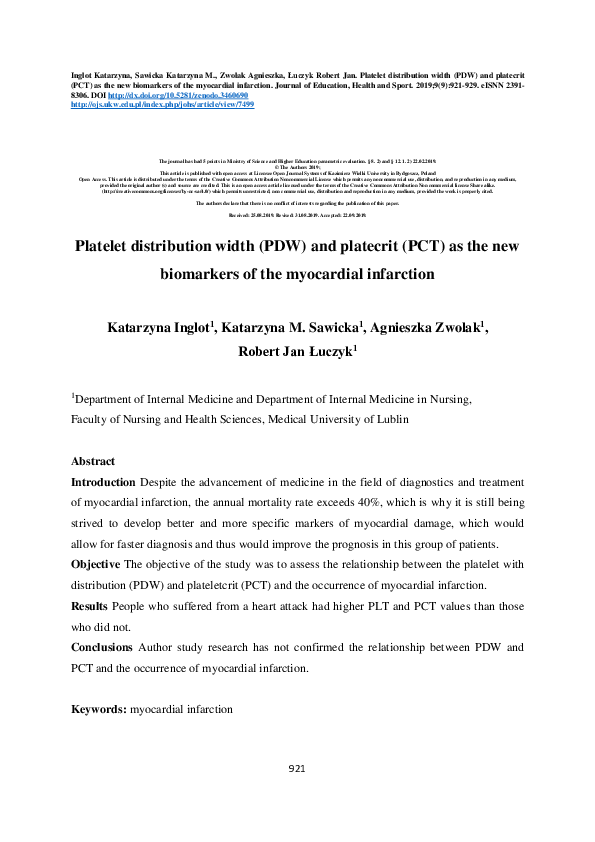 (PDF) Platelet distribution width (PDW) and platecrit (PCT) as the new