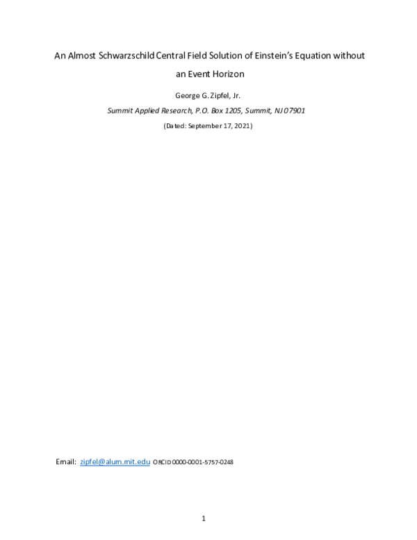 An Almost Schwarzschild Central Field Solution of Einstein's Equation without an Event Horizon