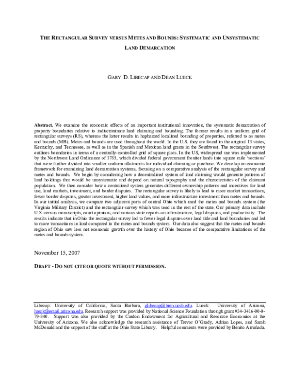 (PDF) The Rectangular Survey Versus Metes and Bounds Systematic and