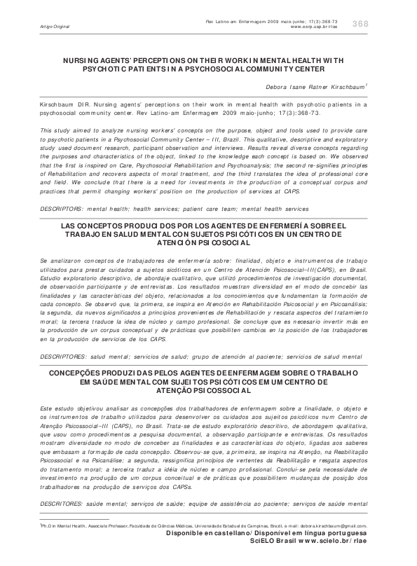 (PDF) Nursing Agents ’ Perceptions on Their Work in Mental Health with ...