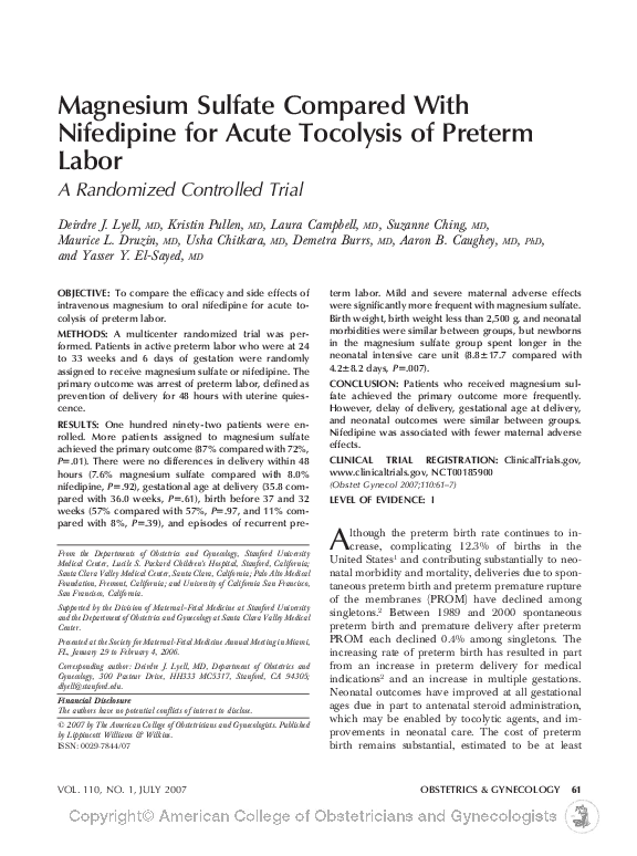 (PDF) Magnesium Sulfate Compared with Nifedipine for Acute Tocolysis of