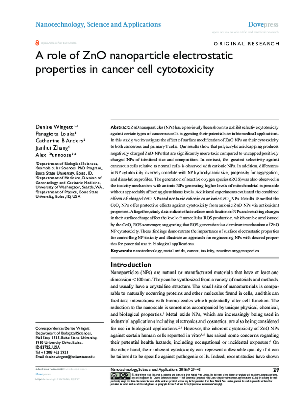 (PDF) A role of ZnO nanoparticle electrostatic properties in cancer ...