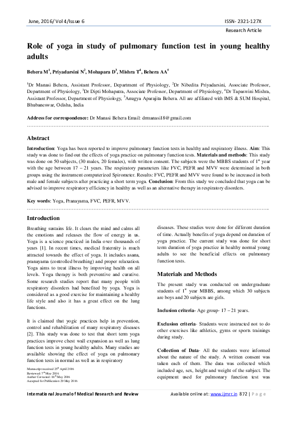 (PDF) Role of yoga in study of pulmonary function test in young healthy ...
