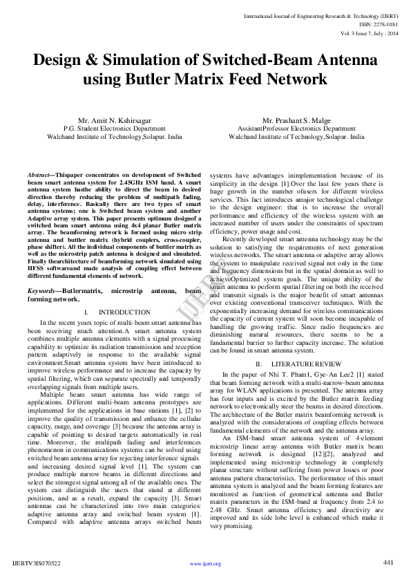 (PDF) Design & Simulation of Switched-Beam Antenna using Butler Matrix ...