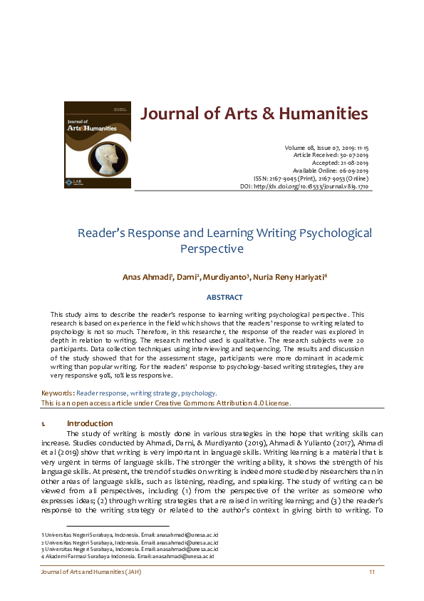 (PDF) Reader’s Response and Learning Writing Psychological Perspective
