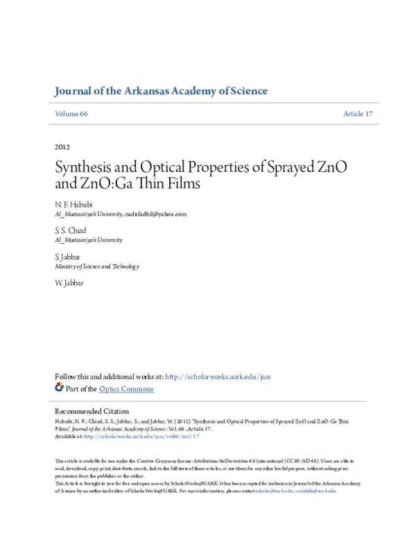 (PDF) Synthesis and Optical Properties of Sprayed ZnO and ZnO:Ga Thin Films