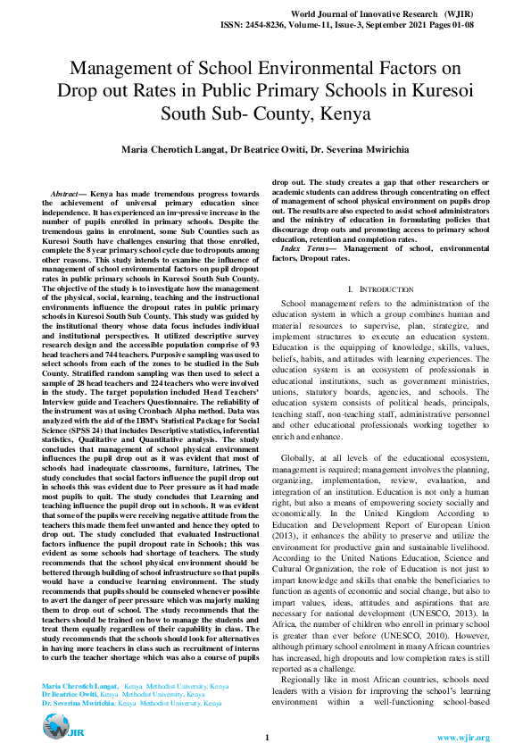 (PDF) Management of School Environmental Factors on Drop out Rates in ...