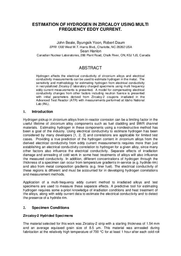(PDF) Estimation of Hydrogen in Zircaloy Using Multi Frequency Eddy Current