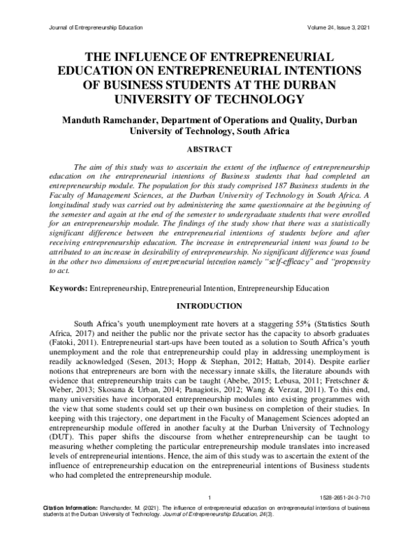 (PDF) The Influence of Entrepreneurial Education on Entrepreneurial ...