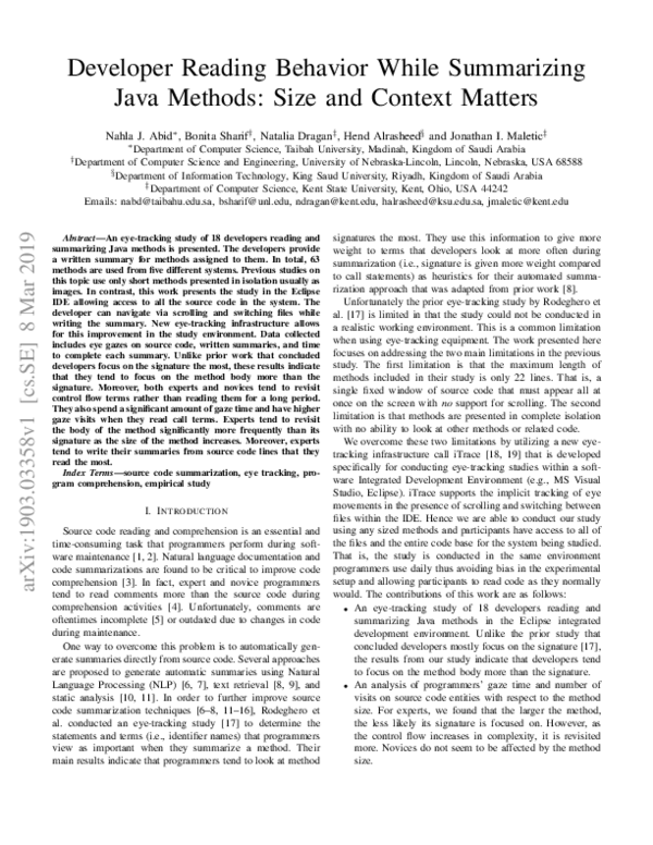 (PDF) Developer Reading Behavior While Summarizing Java Methods: Size ...