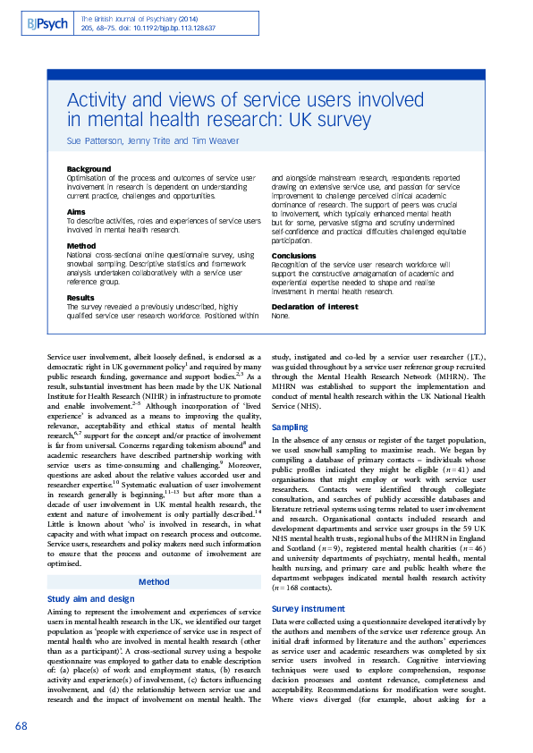 (PDF) Activity and views of service users involved in mental health ...