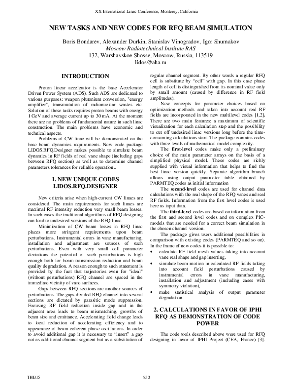(PDF) New Tasks and New Codes for RFQ Beam Simulation