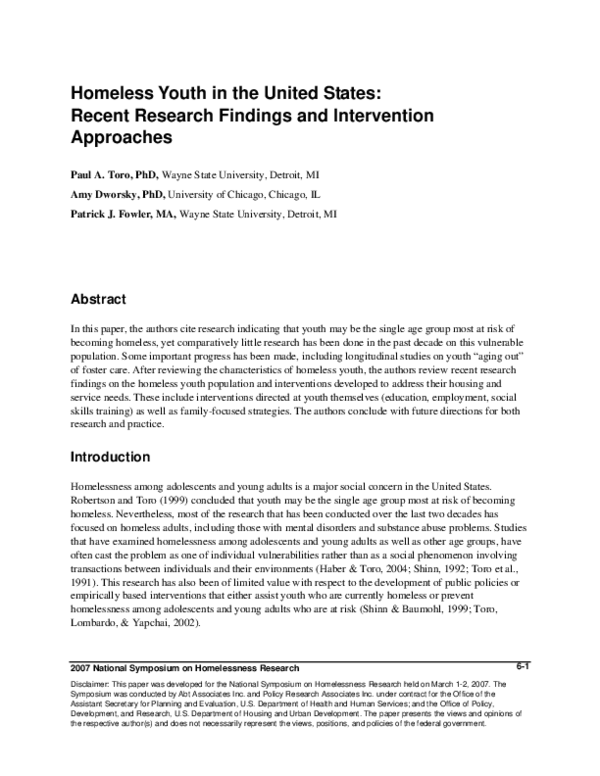 (PDF) 6-Homeless Youth in the United States : Recent Research Findings ...