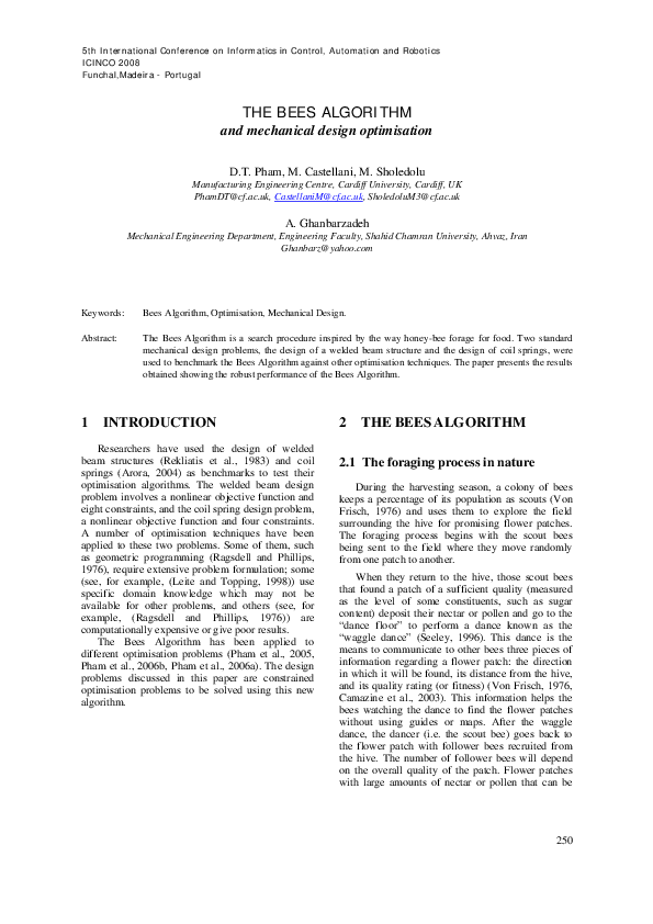 (PDF) The Bees Algorithm and Mechanical Design Optimisation