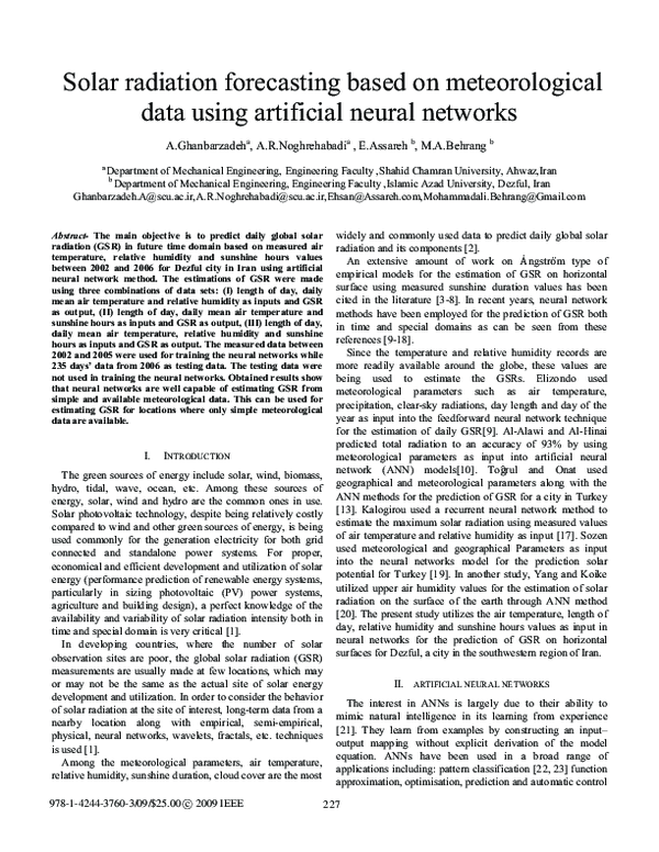 (PDF) Solar radiation forecasting based on meteorological data using ...