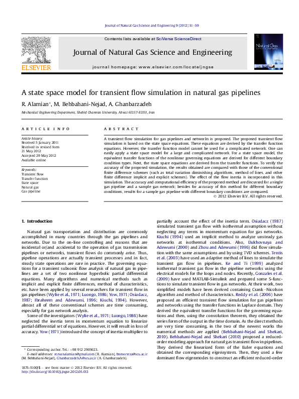 (PDF) A state space model for transient flow simulation in natural gas ...