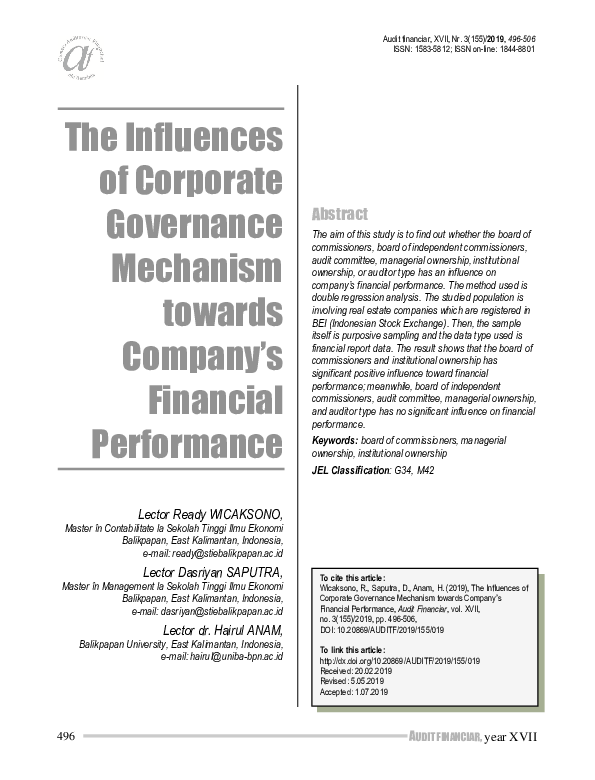 (PDF) The Influences of Corporate Governance Mechanism towards Company ...