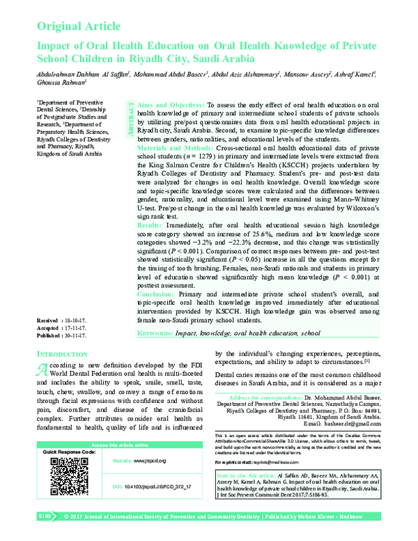 (PDF) Impact of Oral Health Education on Oral Health Knowledge of ...