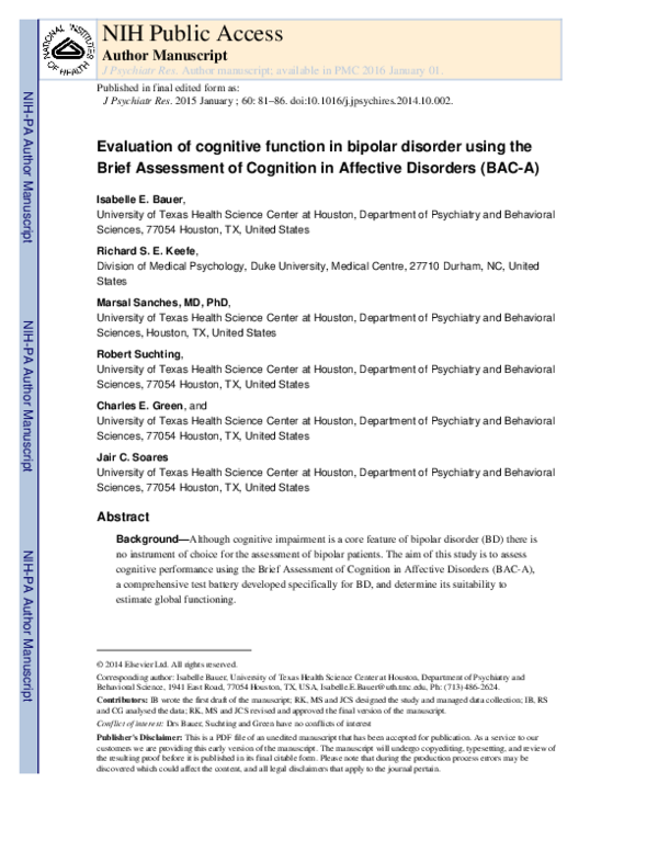 (PDF) Evaluation of cognitive function in bipolar disorder using the ...