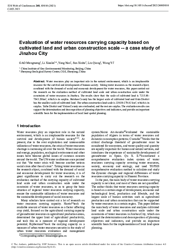(PDF) Evaluation of water resources carrying capacity based on ...