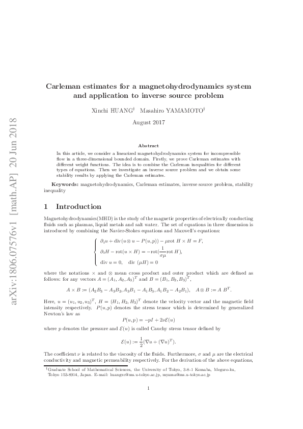 (PDF) Carleman estimates for a magnetohydrodynamics system and ...