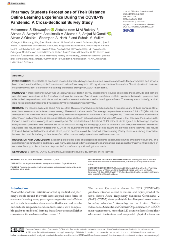 (PDF) Pharmacy Students Perceptions of Their Distance Online Learning ...