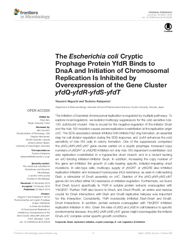 (PDF) The Escherichia coli Cryptic Prophage Protein YfdR Binds to DnaA ...