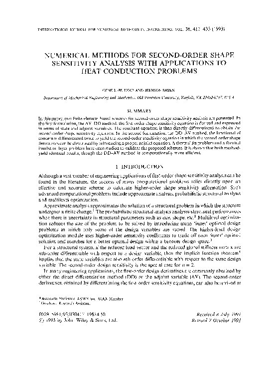  PDF Numerical Methods For Second order Shape Sensitivity Analysis 