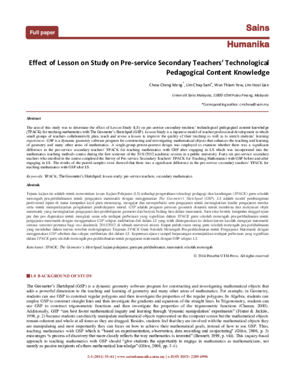 (PDF) Sains Humanika Effect of Lesson on Study on Pre-service Secondary ...