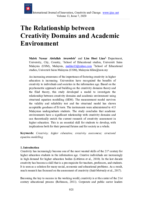 (PDF) The Relationship between Creativity Domains and Academic Environment
