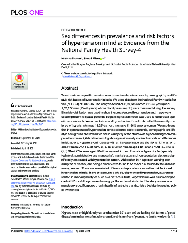 (PDF) Sex differences in prevalence and risk factors of hypertension in ...