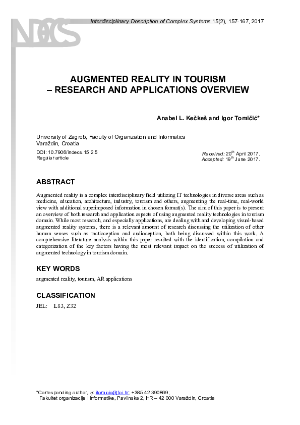 (PDF) Augmented Reality in Tourism - Research and Applications Overview