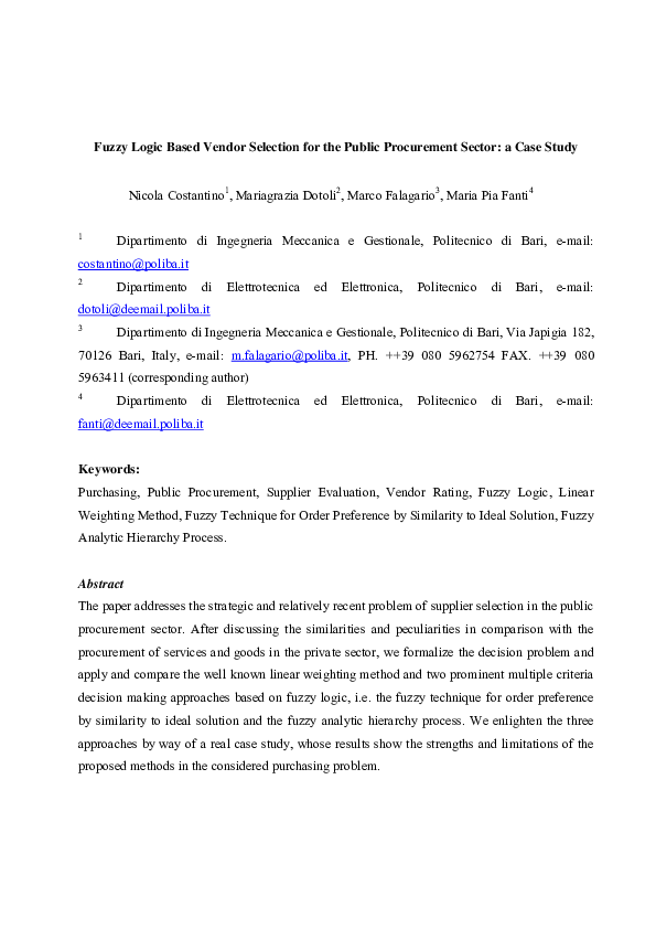 (PDF) Fuzzy Logic Based Vendor Selection for the Public Procurement ...