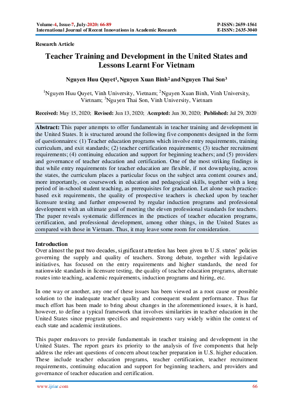 (PDF) Teacher Training and Development in the United States and Lessons ...
