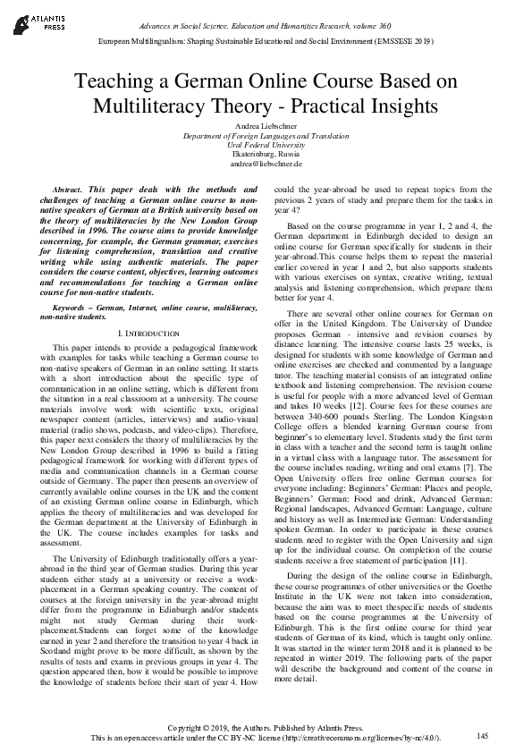 (PDF) Teaching a German Online Course Based on Multiliteracy Theory ...