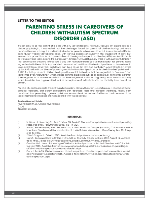 (PDF) Parenting Stress in Caregivers of Children Withautism Spectrum ...