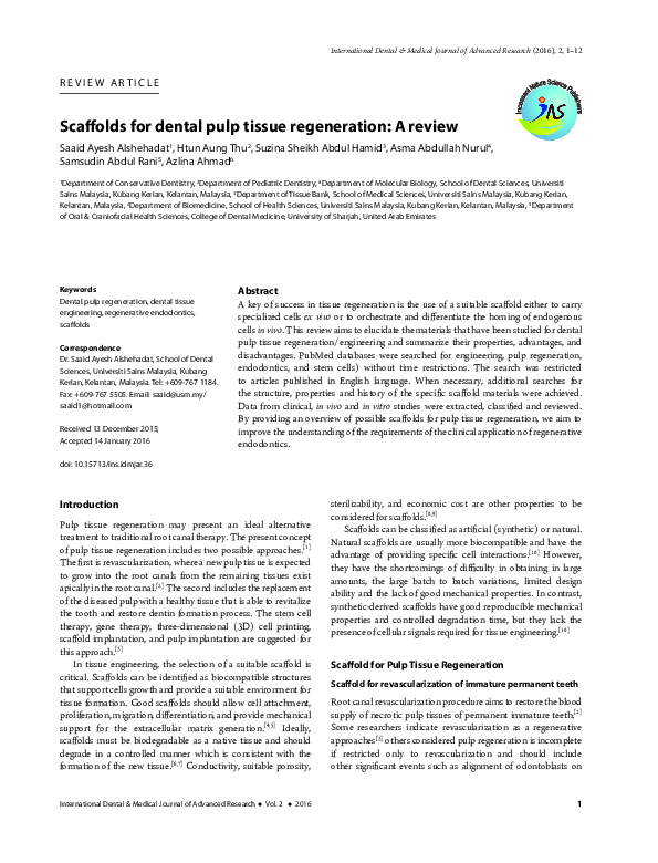 (PDF) Scaff olds for dental pulp tissue regeneration: A review