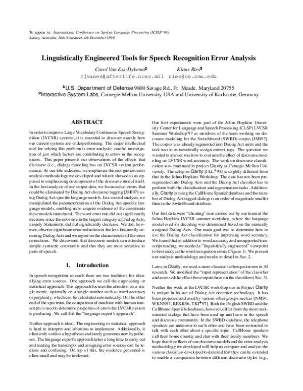 (PDF) Linguistically engineered tools for speech recognition error analysis