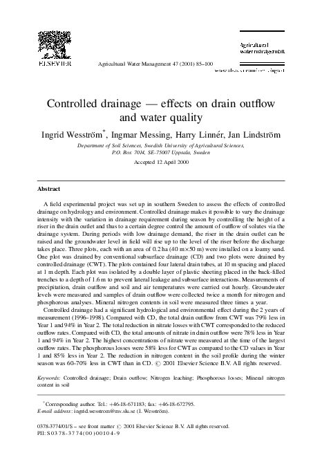 (PDF) Controlled drainage — effects on drain outflow and water quality
