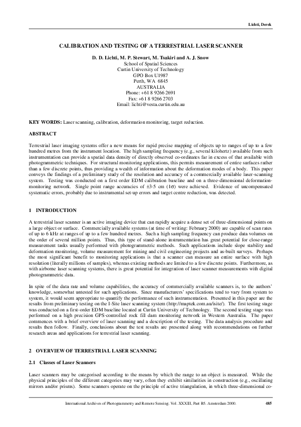 (PDF) Calibration and Testing of a Terrestrial Laser Scanner