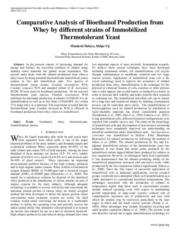 (PDF) Comparative Analysis of Bioethanol Production from Whey by ...