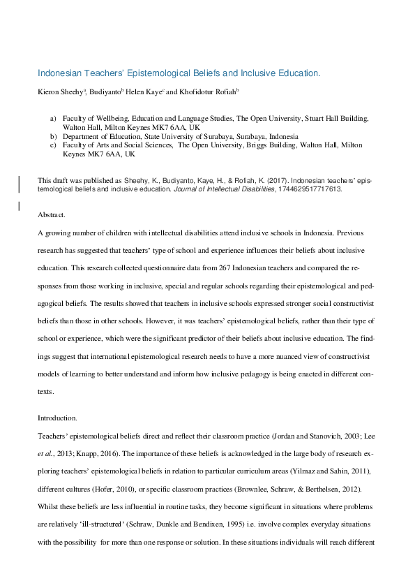 (PDF) Indonesian teachers' epistemological beliefs and inclusive education