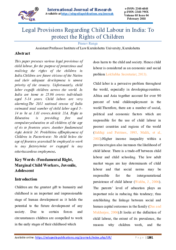 (PDF) Legal Provisions Regarding Child Labour in India: To protect the ...
