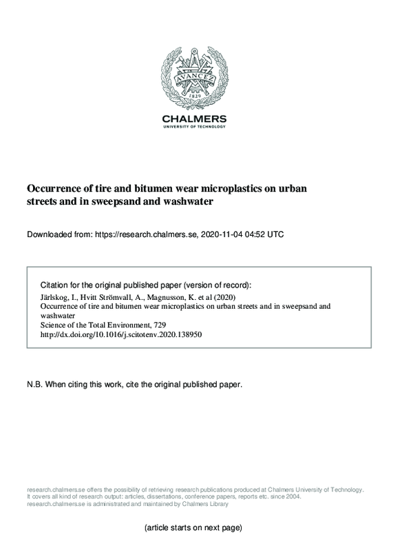 (PDF) Occurrence of tire and bitumen wear microplastics on urban ...