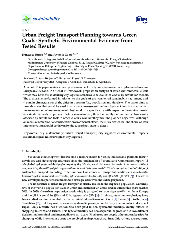 (PDF) Urban Freight Transport Planning towards Green Goals: Synthetic ...