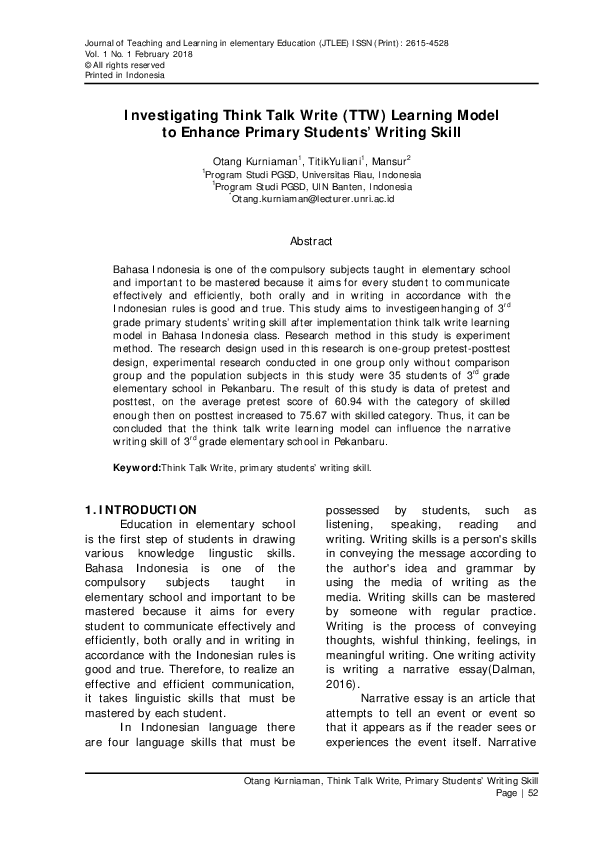 (PDF) Investigating Think Talk Write (TTW) Learning Model to Enhance ...