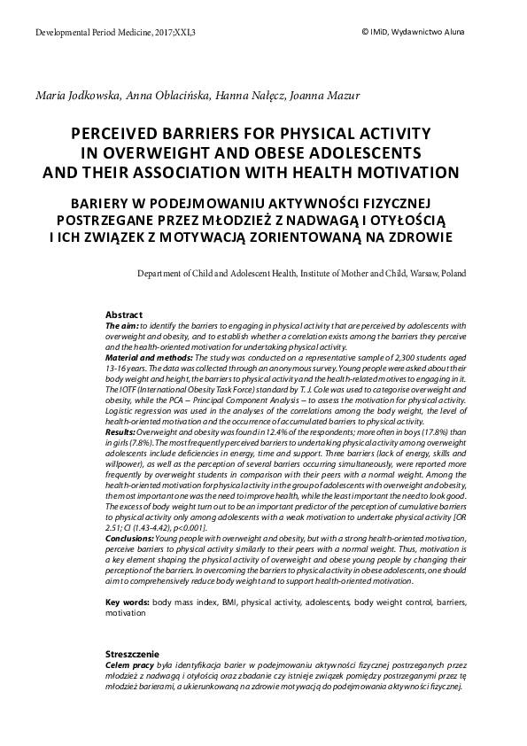 (PDF) Perceived barriers for physical activity in overweight and obese ...