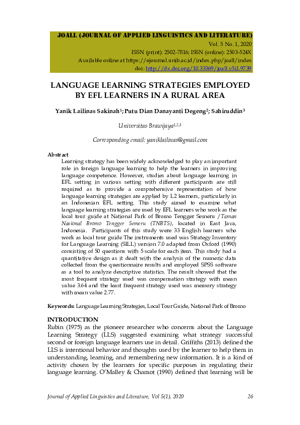 (PDF) Language Learning Strategies Employed by Efl Learners in a Rural Area