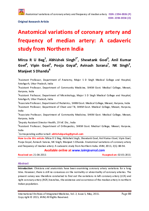 (PDF) Anatomical variations of coronary artery and frequency of median ...